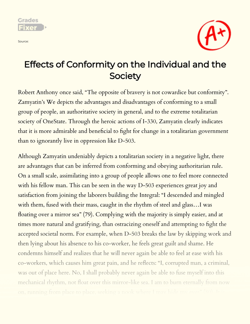 Effects of Conformity on The Individual and The Society Essay