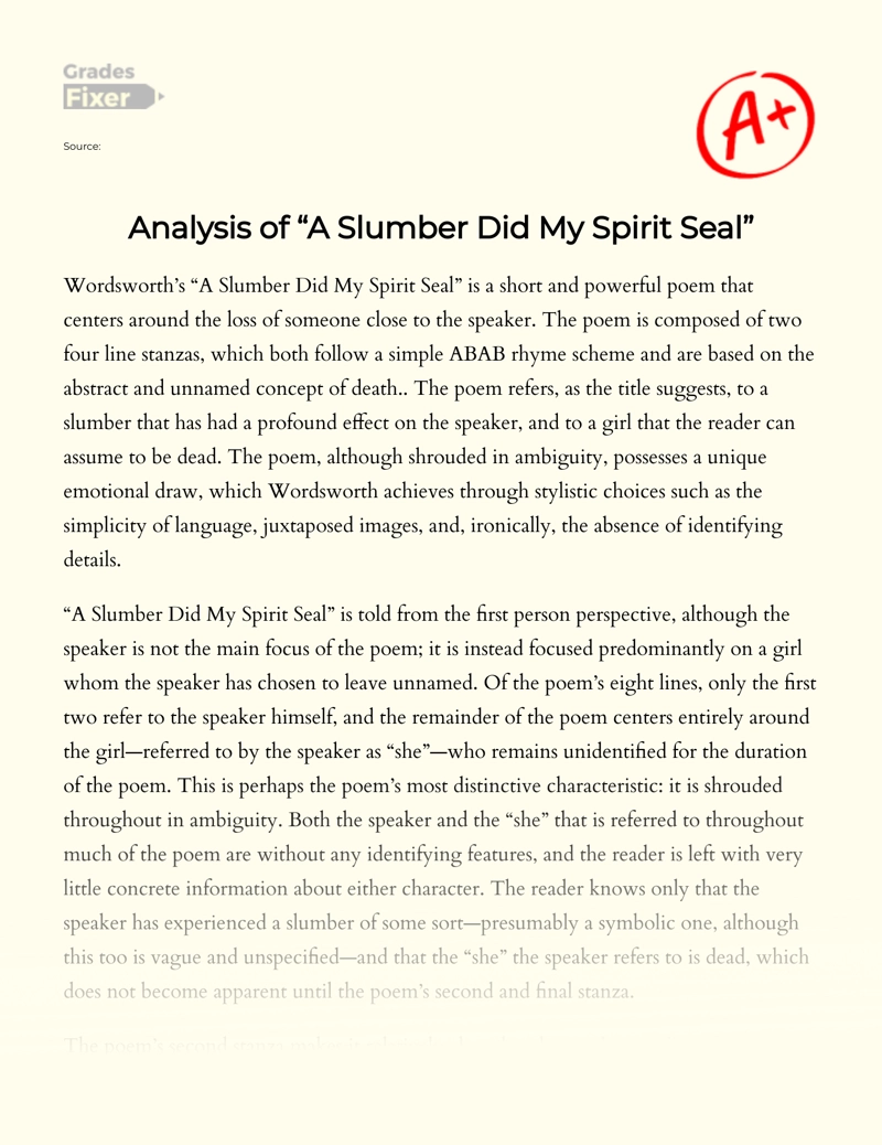 Analysis of "A Slumber Did My Spirit Seal" essay