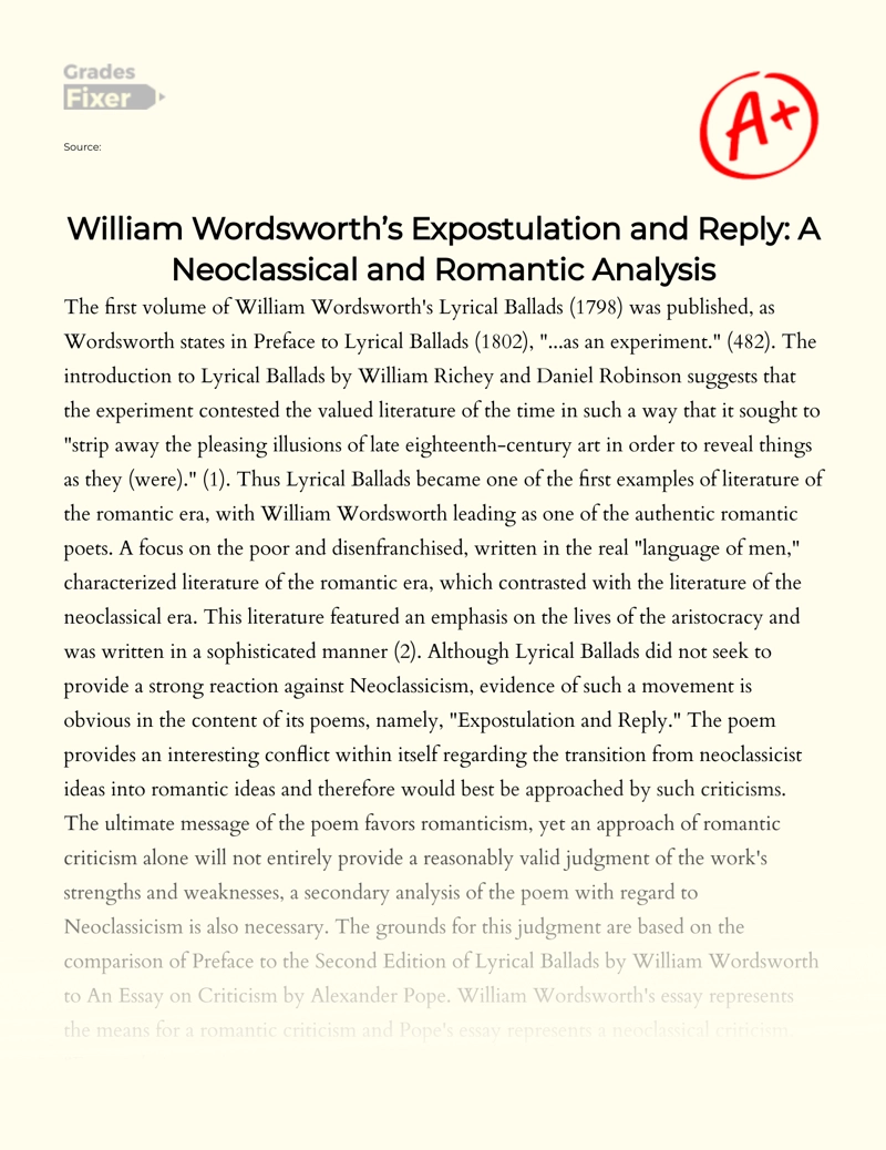 William Wordsworth’s Expostulation and Reply: a Neoclassical and Romantic Analysis Essay