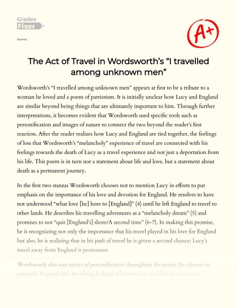 The Act of Travel in Wordsworth’s "I Travelled Among Unknown Men" Essay