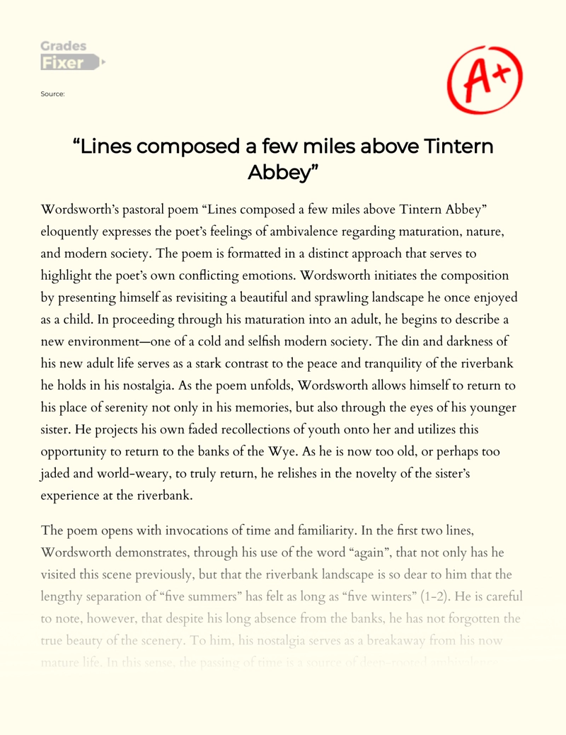 "Lines Composed a Few Miles Above Tintern Abbey" Essay
