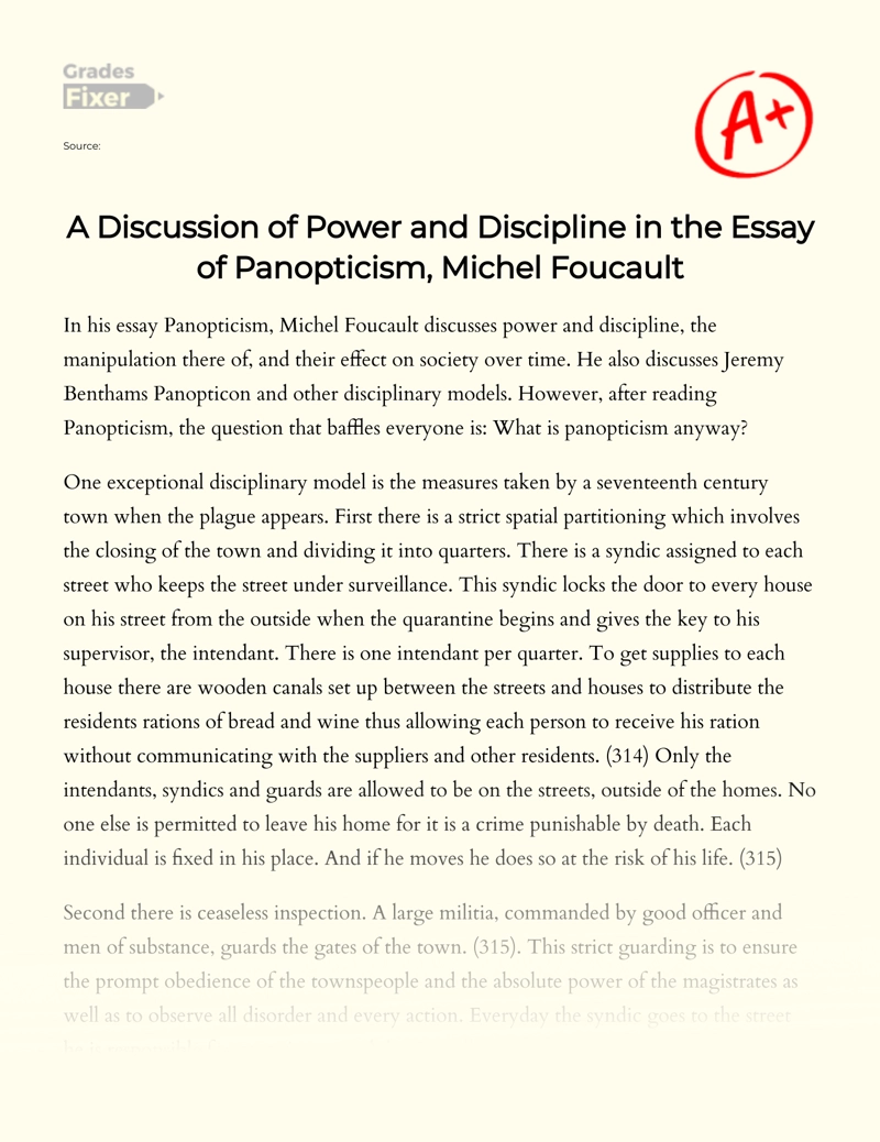 A Discussion of Power and Discipline in Michel Foucault's Essay "Panopticism" essay