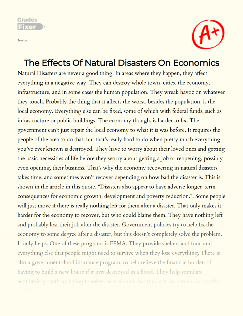 The Effects of Natural Disasters on Economics Essay