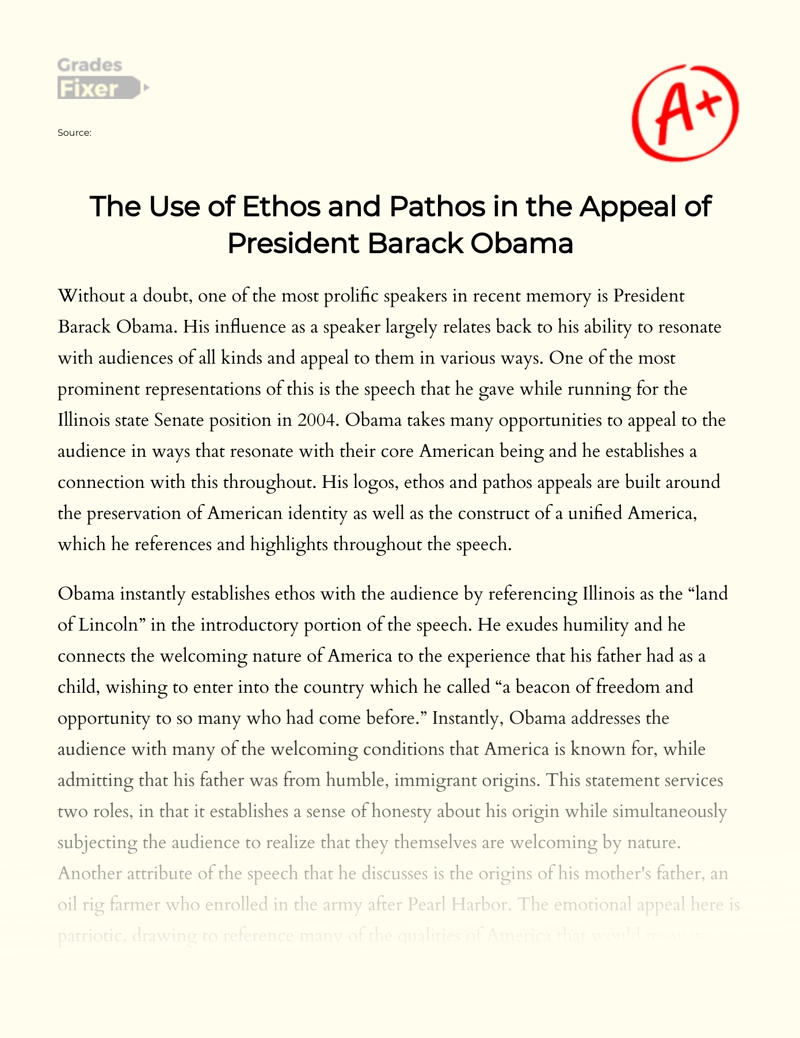 The Use of Ethos and Pathos in The Appeal of President Barack Obama essay