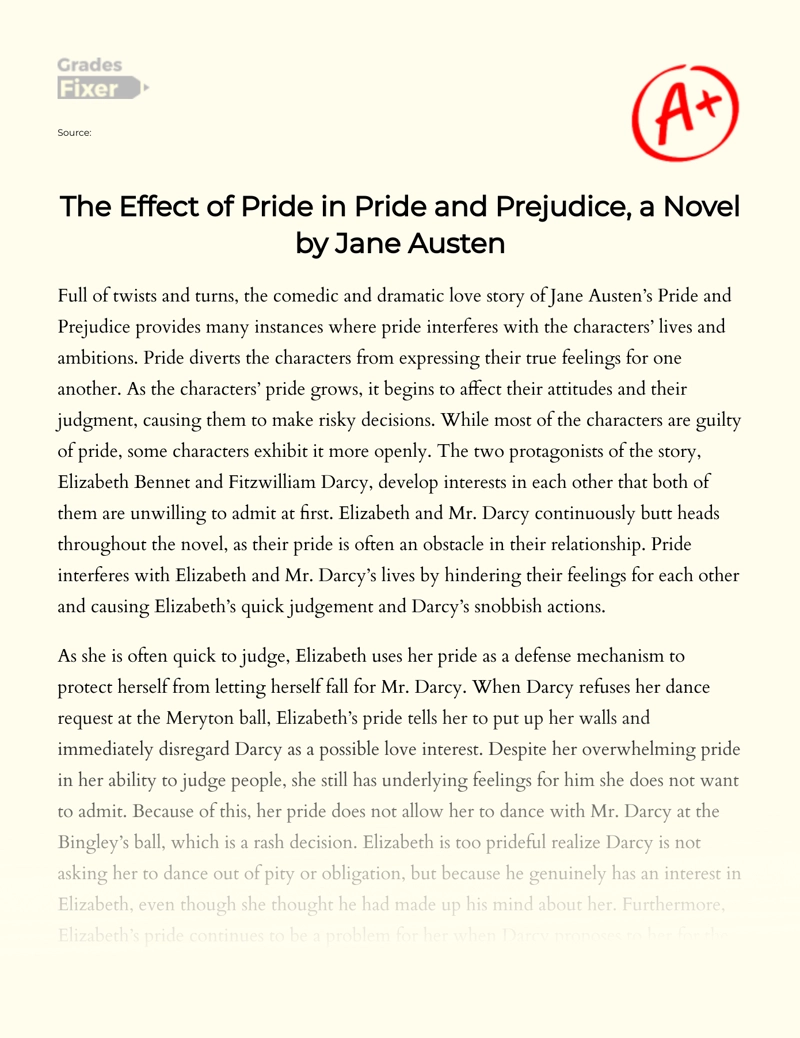 The Effect of Pride in Pride and Prejudice, a Novel by Jane Austen Essay