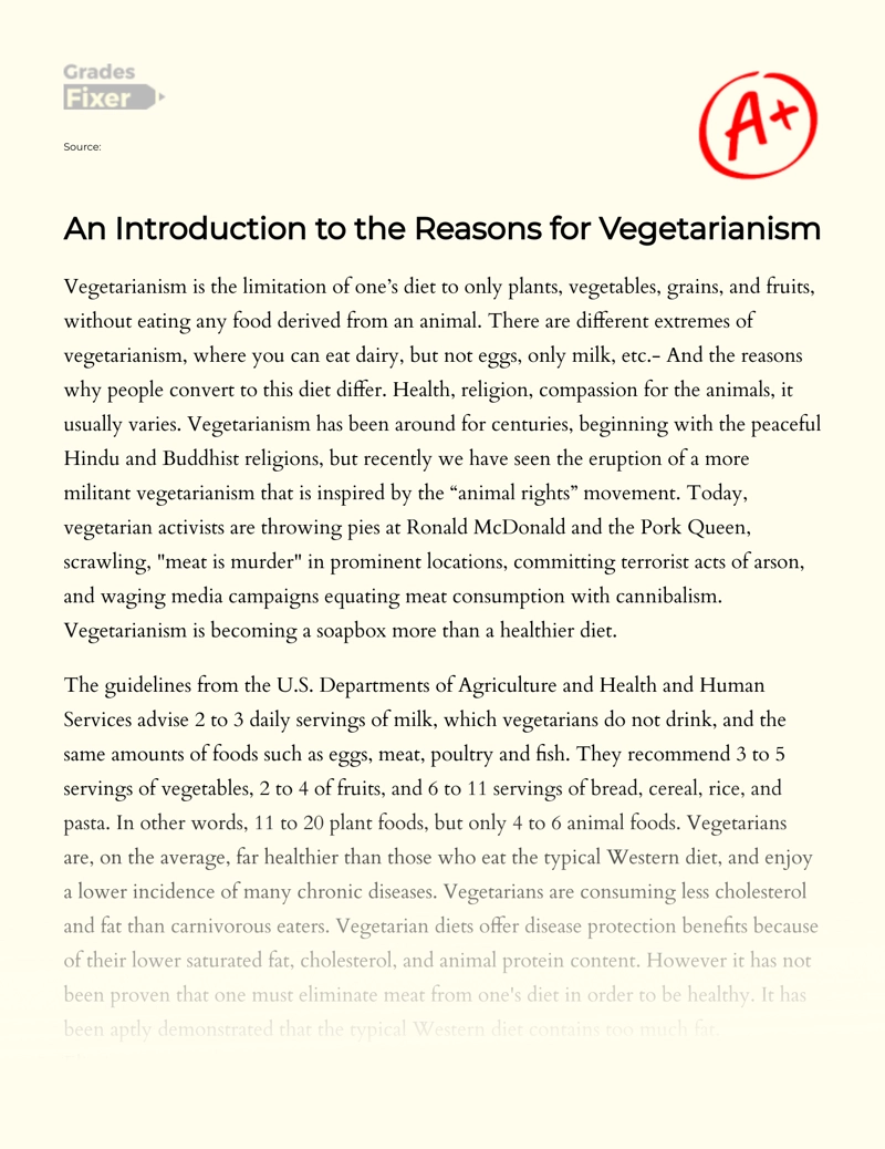 An Introduction to The Reasons for Vegetarianism essay