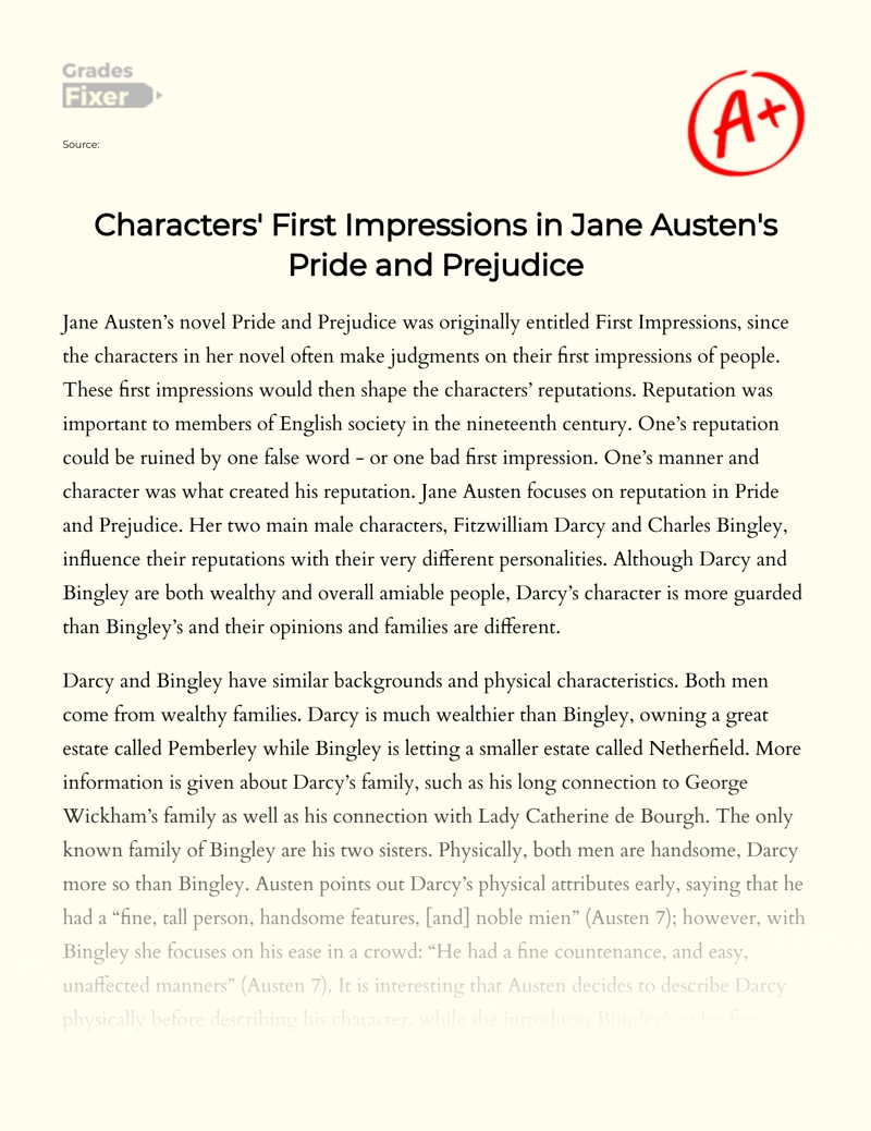 Characters' First Impressions in Jane Austen's Pride and Prejudice essay