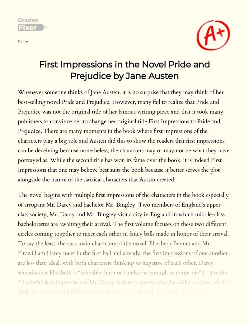 Pride and Prejudice by Jane Austen: Elizabeth's First Impression of Darcy  Essay