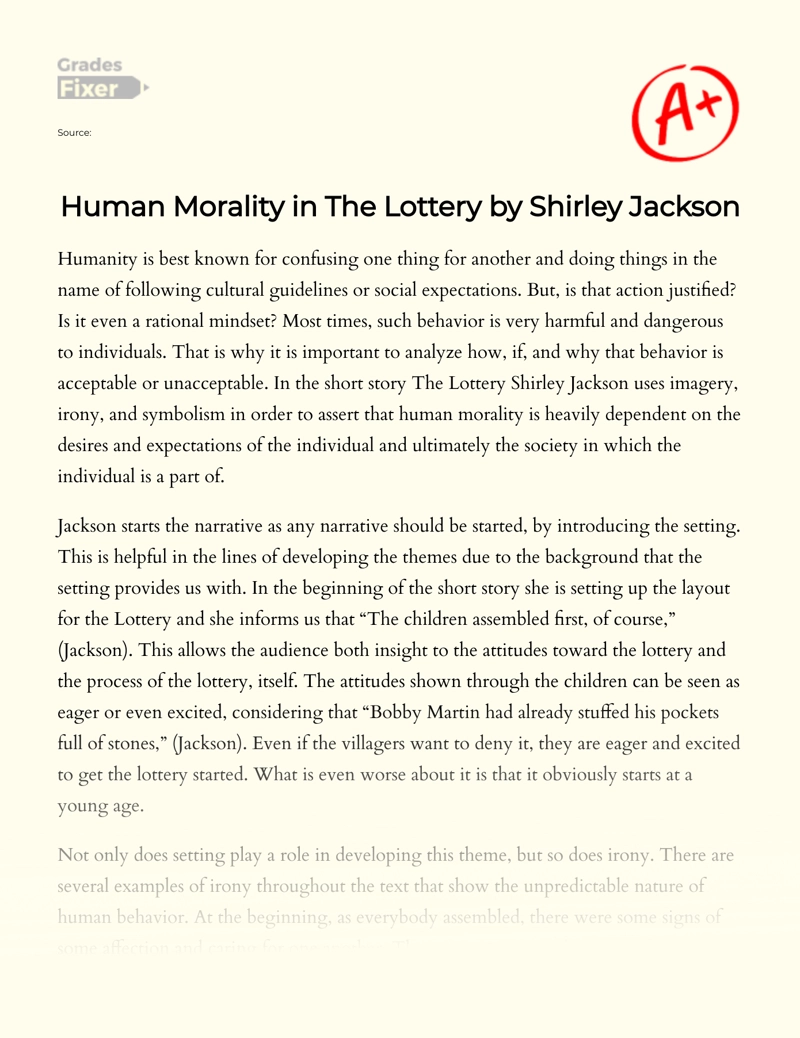 Human Morality in The Lottery by Shirley Jackson Essay