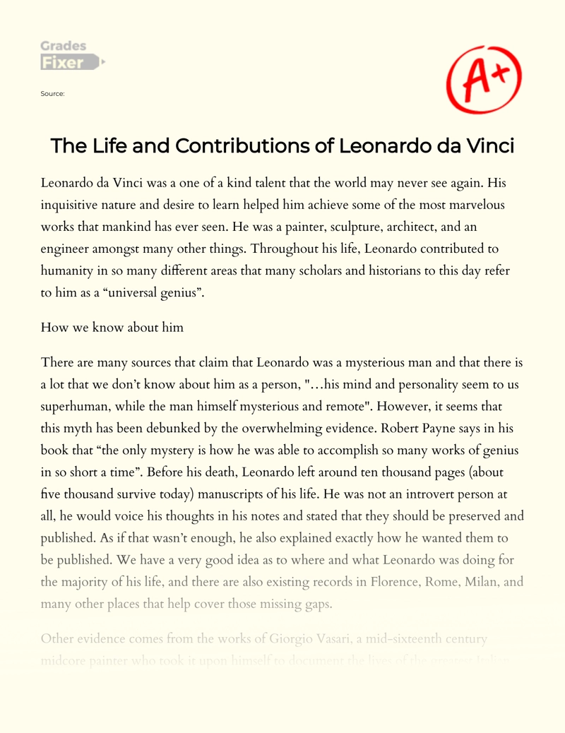 The Life and Contributions of Leonardo Da Vinci essay