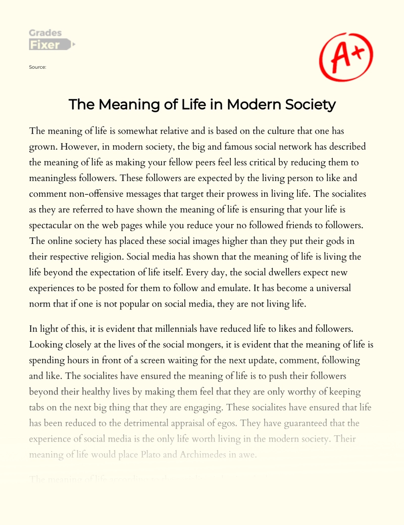 The Meaning of Life in Modern Society essay