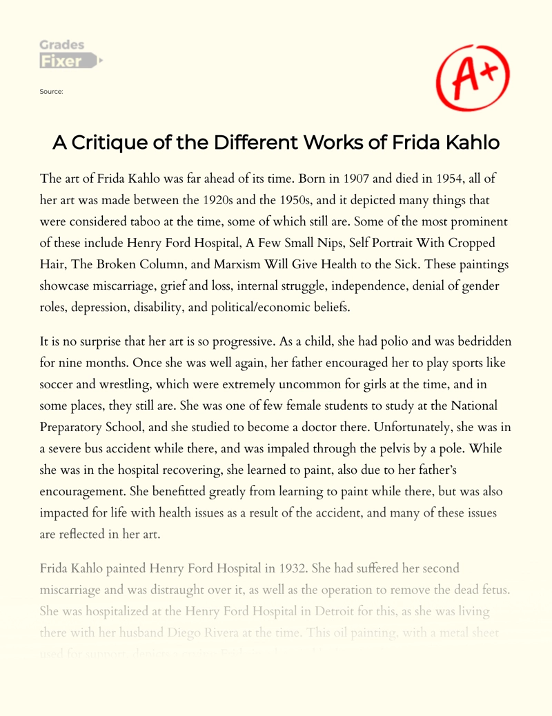 A Critique of The Different Works of Frida Kahlo Essay