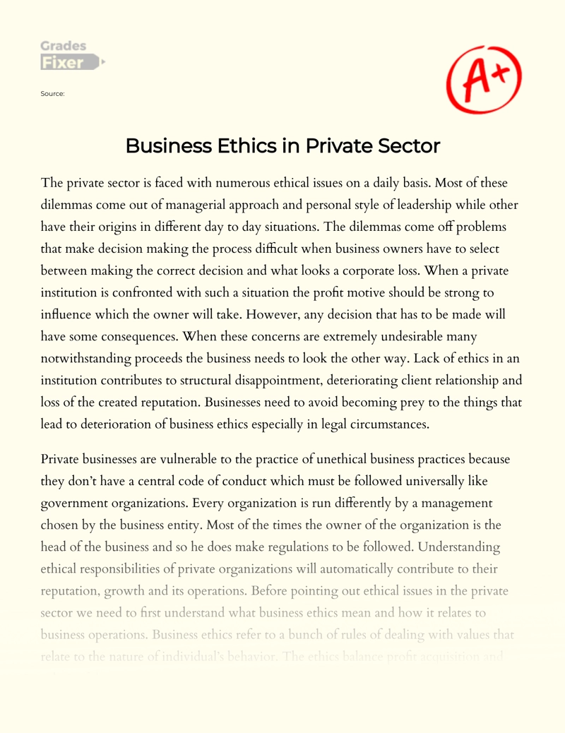 Business Ethics in Private Sector Essay