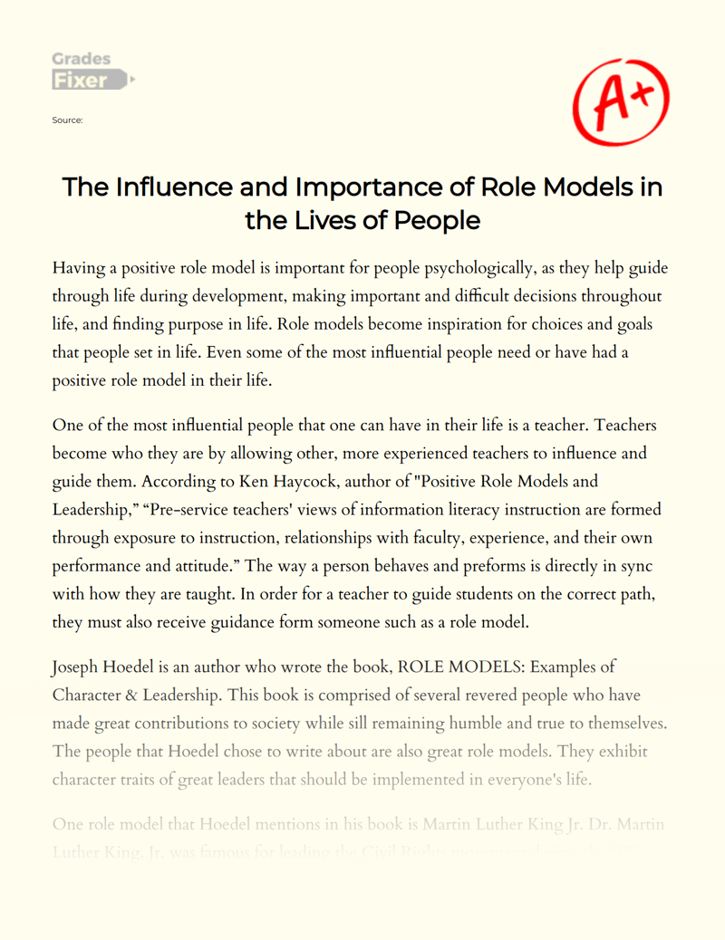 The Influence and Importance of Role Models in The Lives of People Essay
