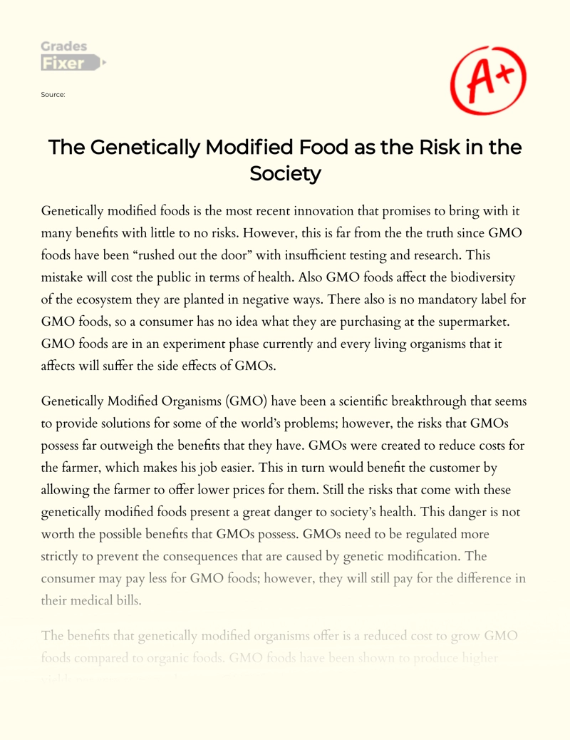 The Genetically Modified Food as The Risk in The Society Essay