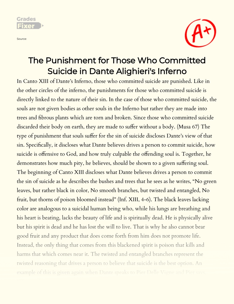 The Punishment for Those Who Committed Suicide in Dante Alighieri's Inferno essay