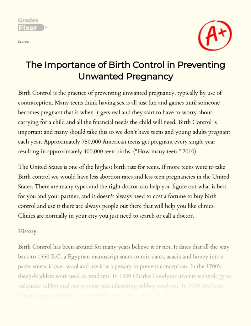 The Importance of Birth Control in Preventing Unwanted Pregnancy Essay