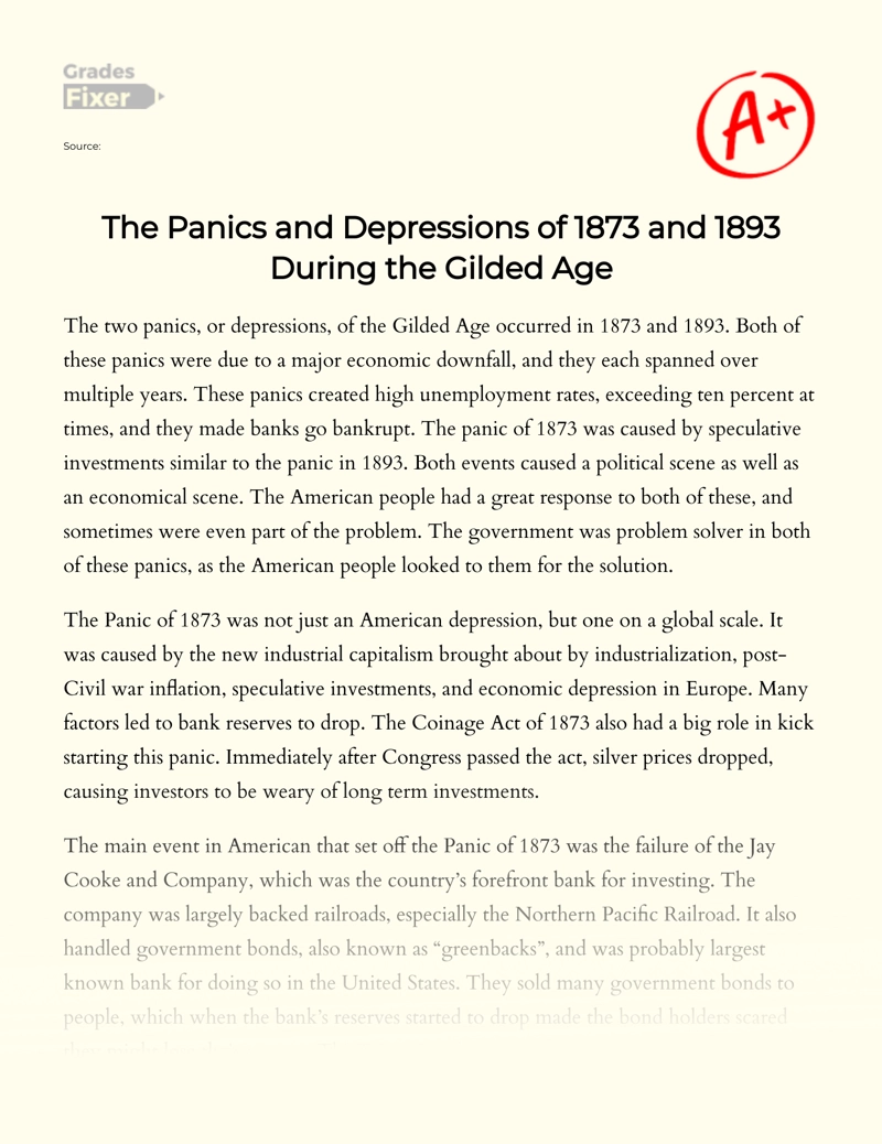 The Panics and Depressions of 1873 and 1893 During The Gilded Age Essay