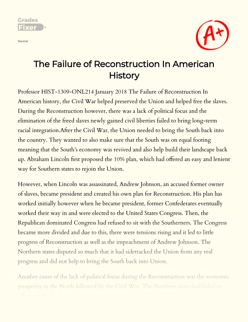 The Failure of Reconstruction in American History Essay