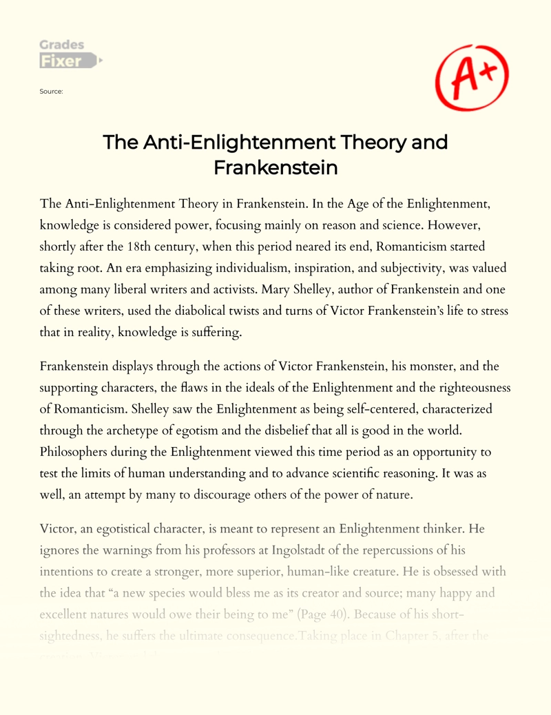The Anti-enlightenment Theory and Frankenstein Essay