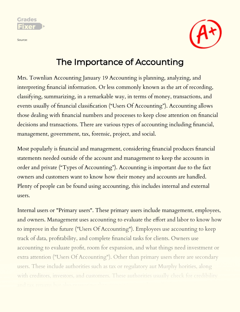 The Importance of Accounting: [Essay Example], 540 words GradesFixer