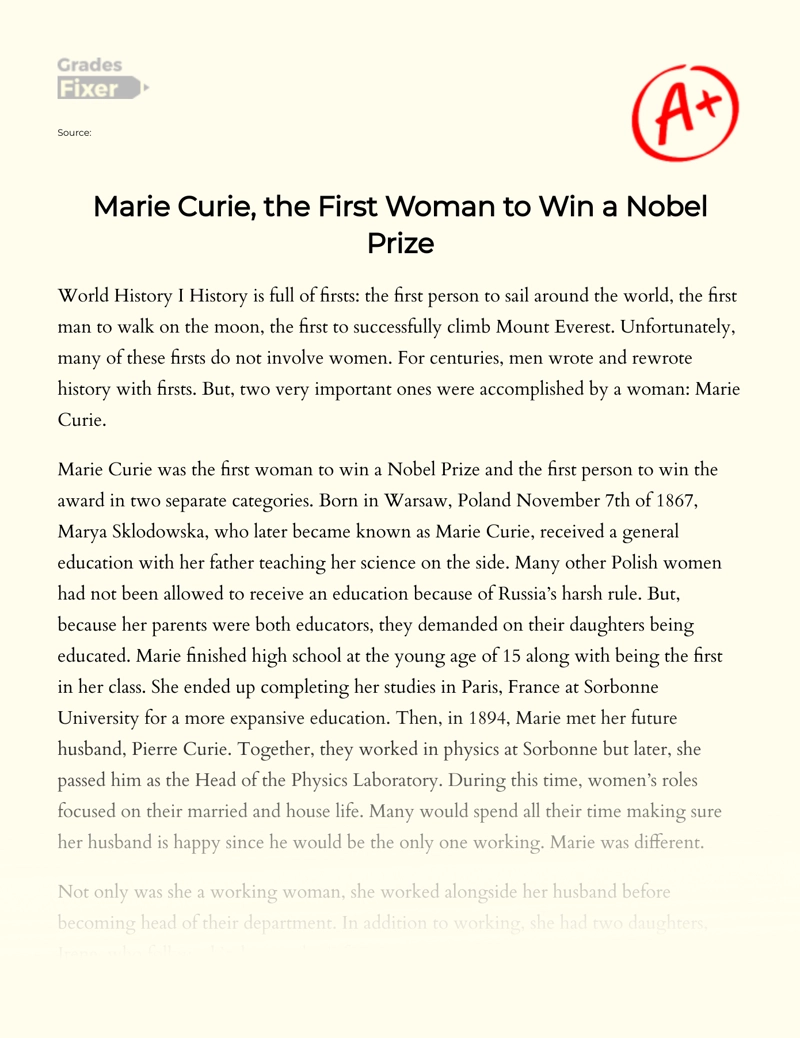Marie Curie, The First Woman to Win a Nobel Prize essay