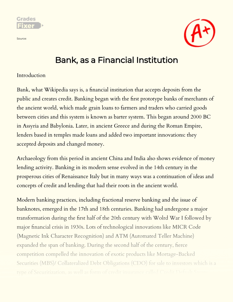 Bank, as a Financial Institution essay
