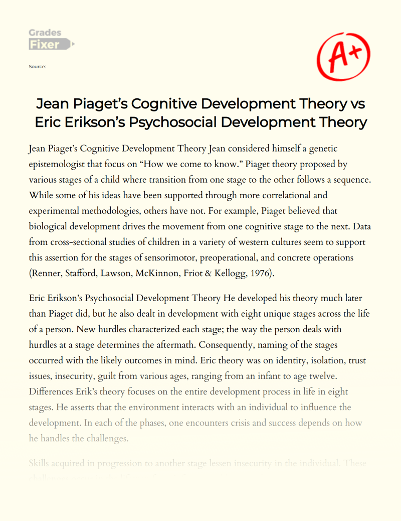 Jean Piaget’s Cognitive Development Theory Vs Eric Erikson’s Psychosocial Development Theory Essay