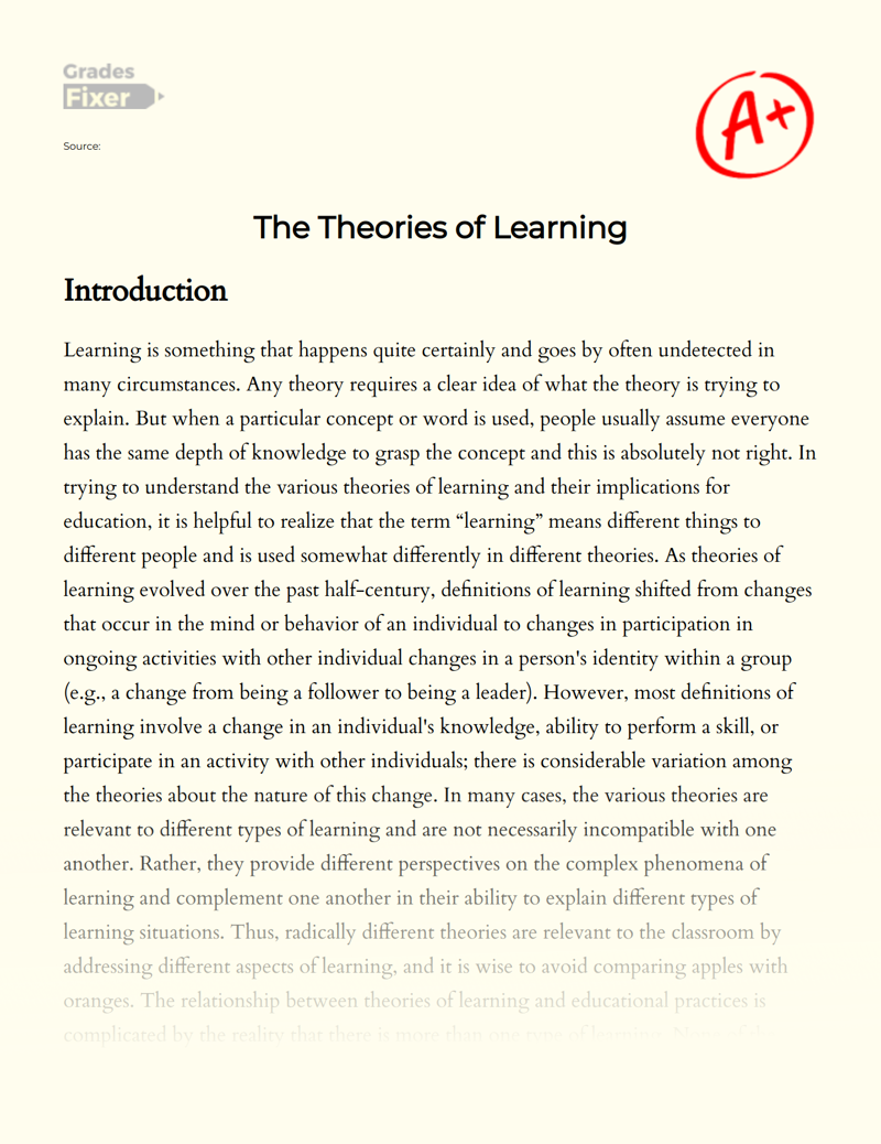 Overview of The Theories of Learning and Its Application Essay