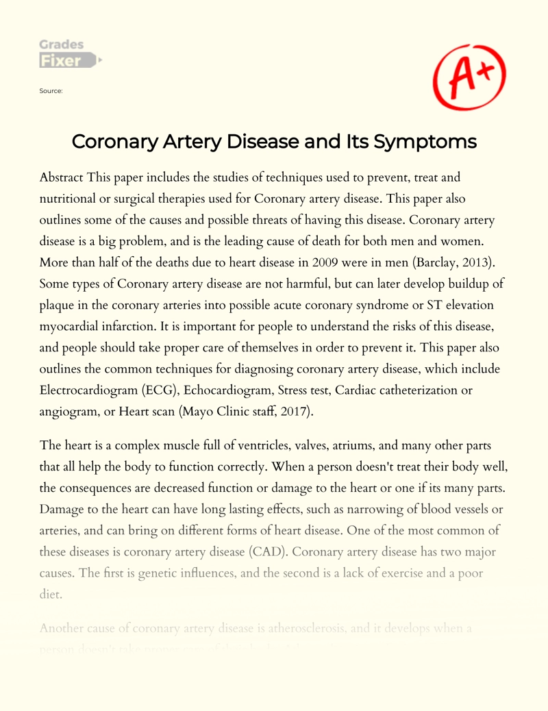 Coronary Artery Disease and Its Symptoms Essay