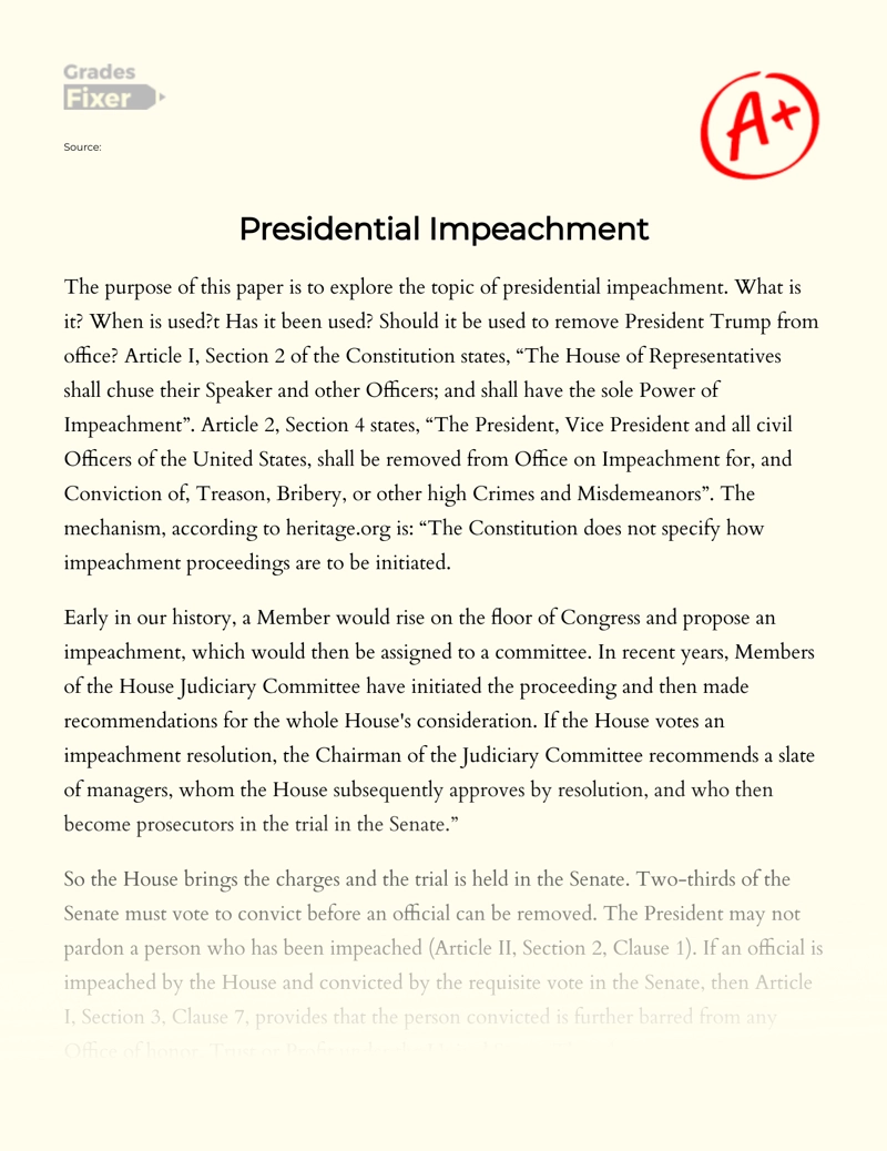 Presidential Impeachment: [Essay Example], 29 words GradesFixer