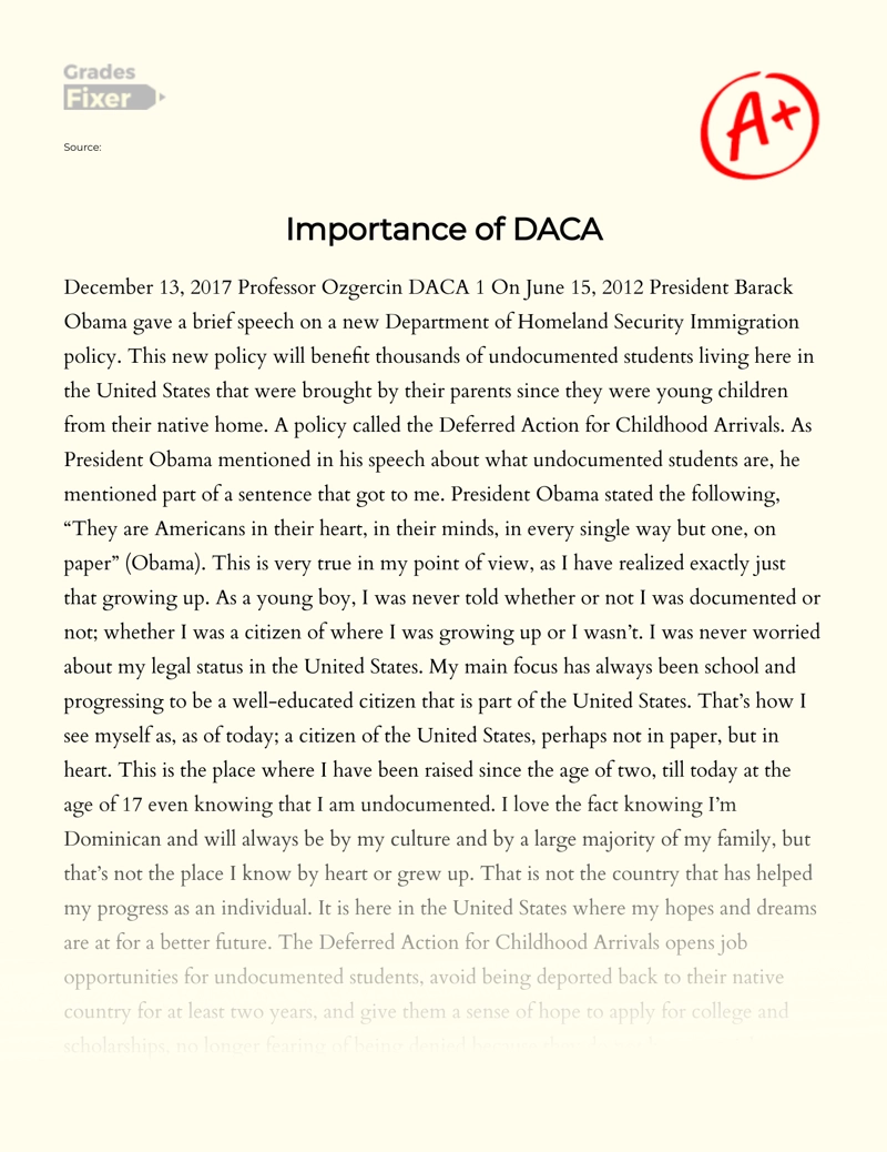 Importance of Deferred Action for Childhood Arrivals (DACA) Essay