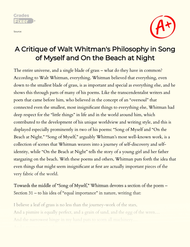 A Critique of Walt Whitman's Philosophy in Song of Myself and on The Beach at Night essay