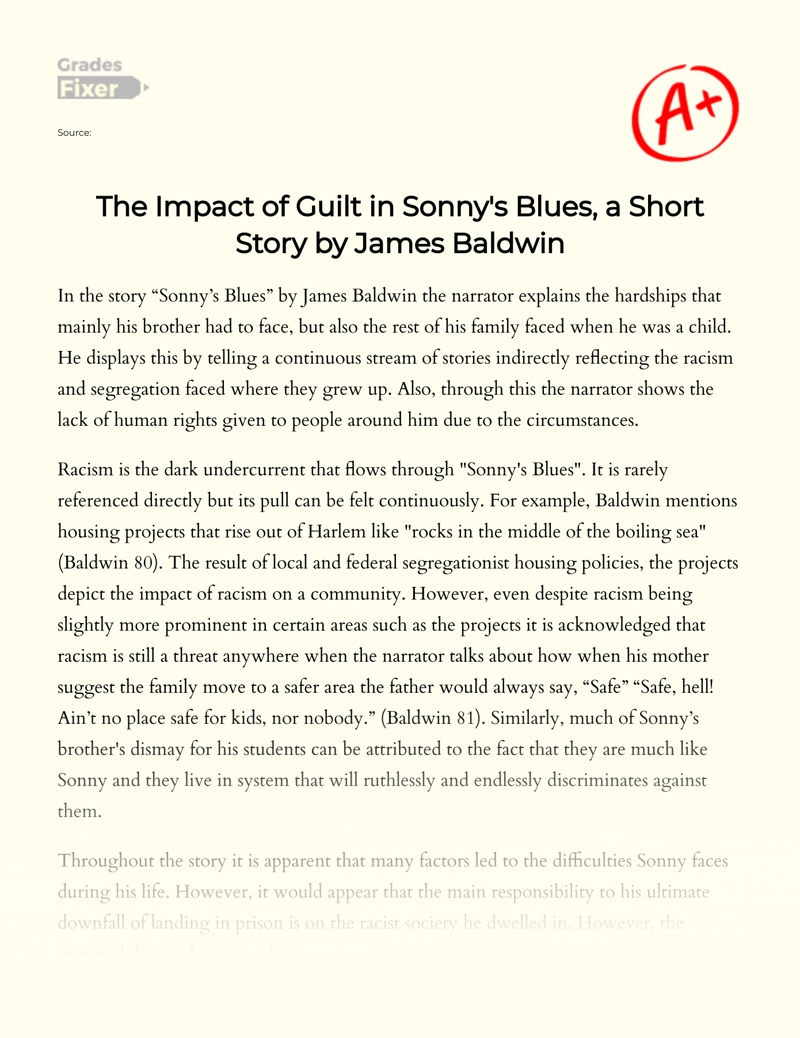 The Impact of Guilt in Sonny's Blues, a Short Story by James Baldwin Essay