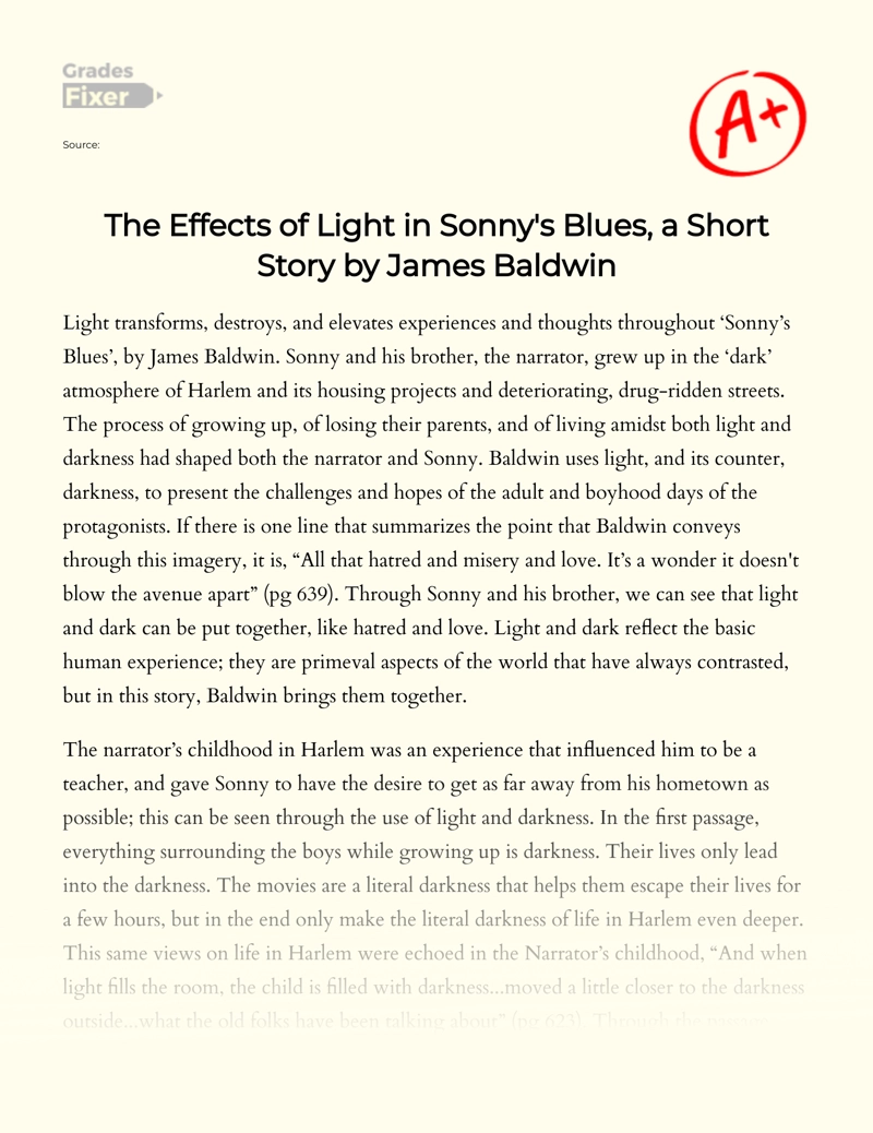 The Effects of Light in Sonny's Blues, a Short Story by James Baldwin Essay