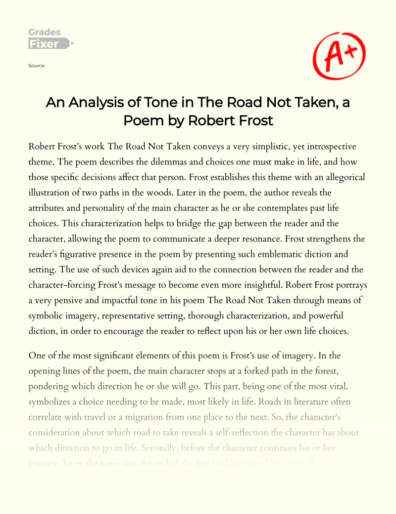 An Analysis of Tone in The Road not Taken, a Poem by Robert Frost essay