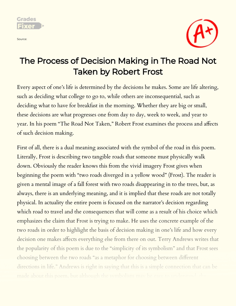 The Process of Decision Making in The Road not Taken by Robert Frost essay