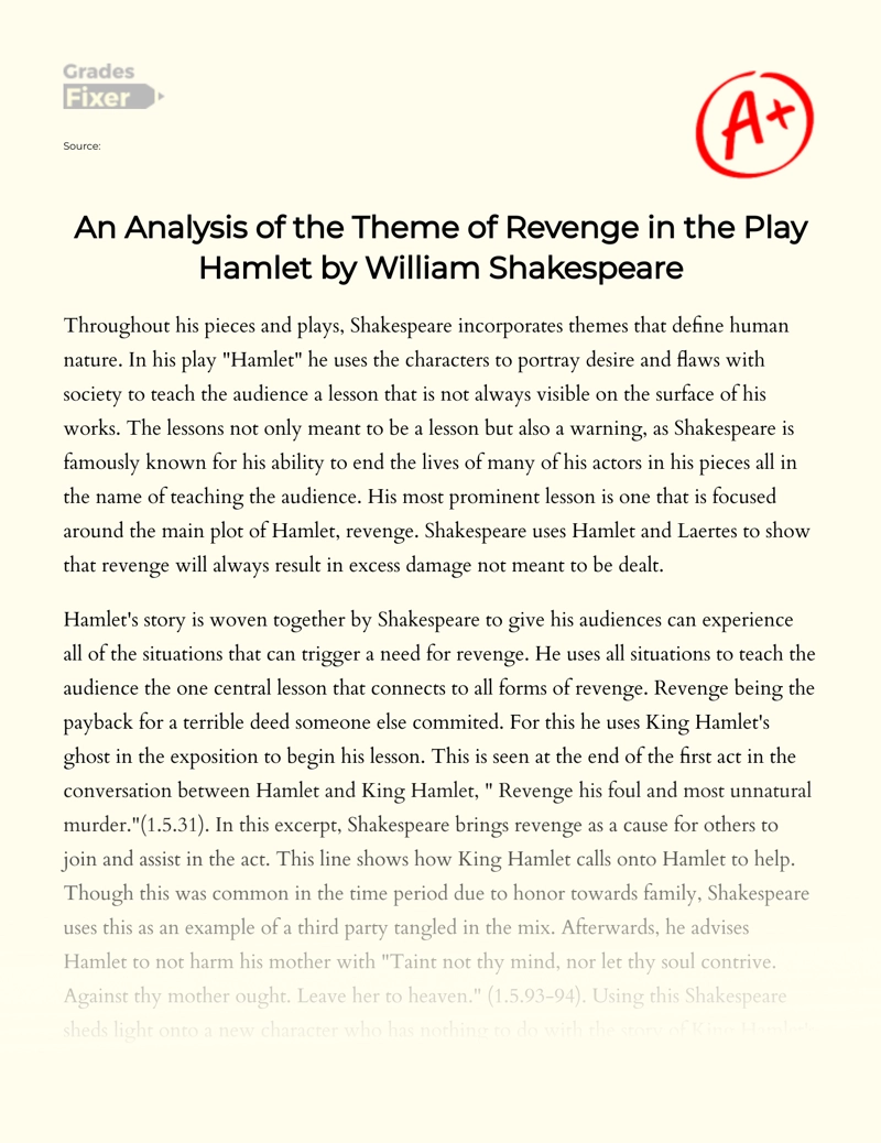 An Analysis of The Theme of Revenge in The Play Hamlet by William Shakespeare Essay