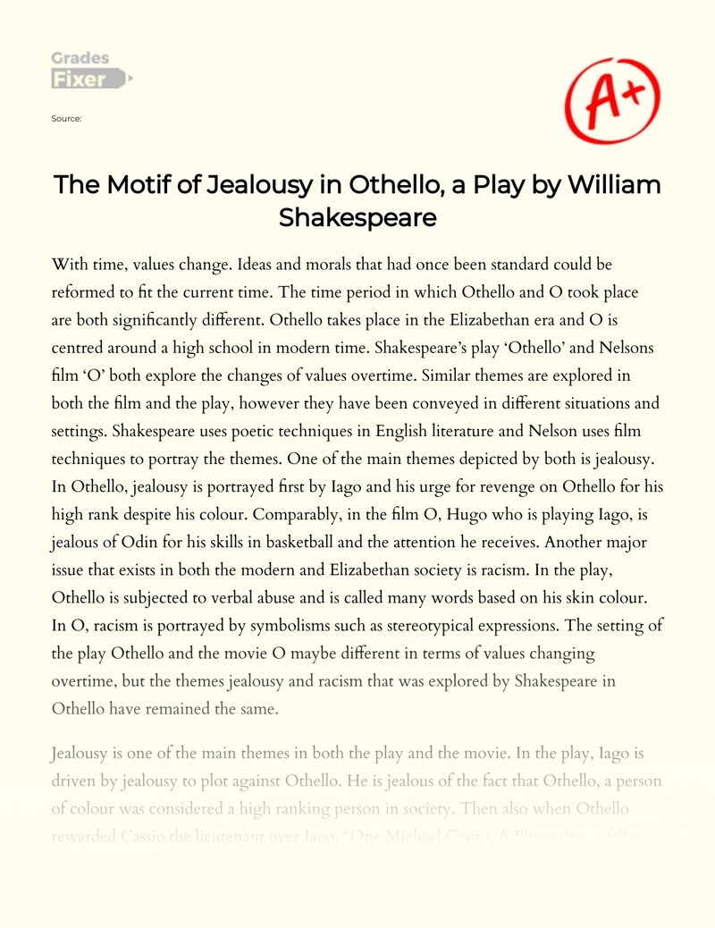 The Motif of Jealousy in Othello, a Play by William Shakespeare Essay