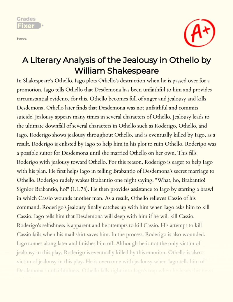 The Jealousy in Othello: Literary Analysis Essay essay