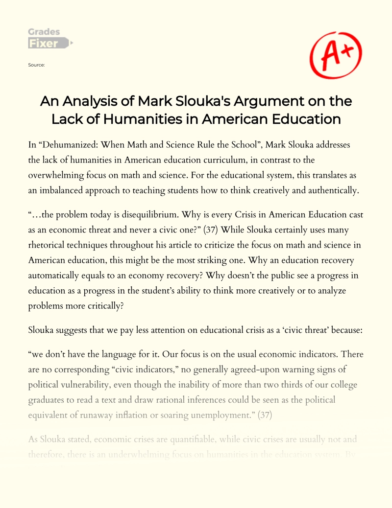 An Analysis of Mark Slouka's Argument on The Lack of Humanities in American Education Essay