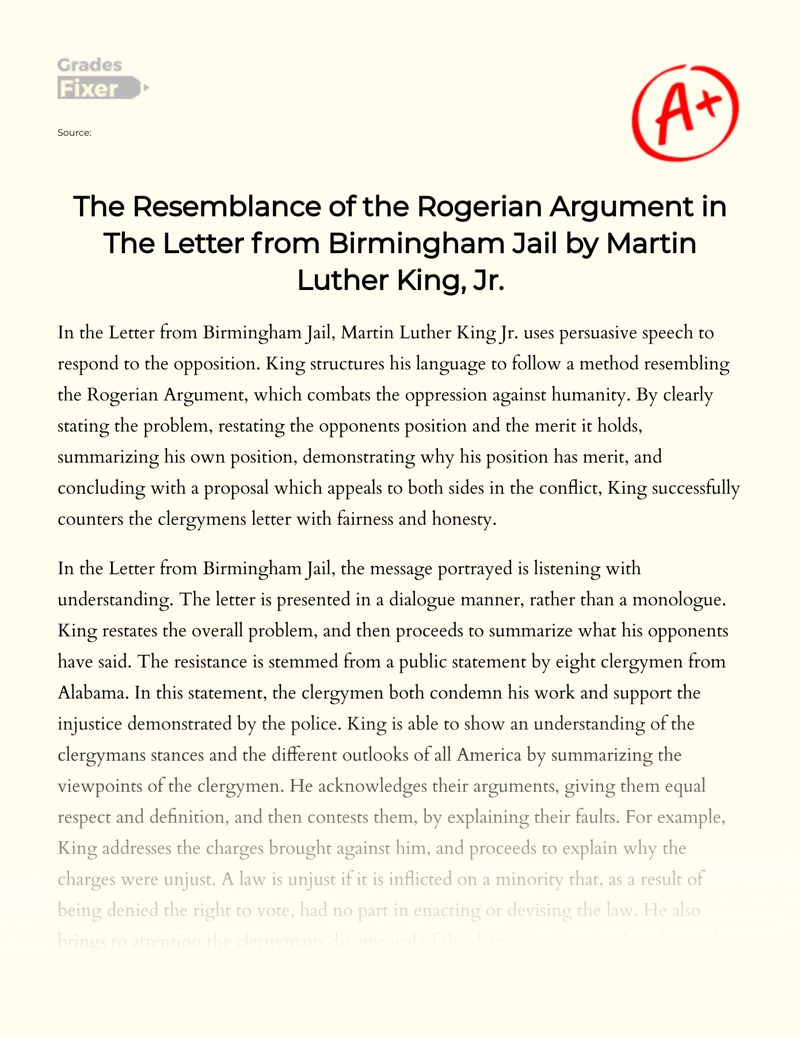 Martin Luther King, Jr.'s Letter from Birmingham Jail: Rogerian Argument Essay