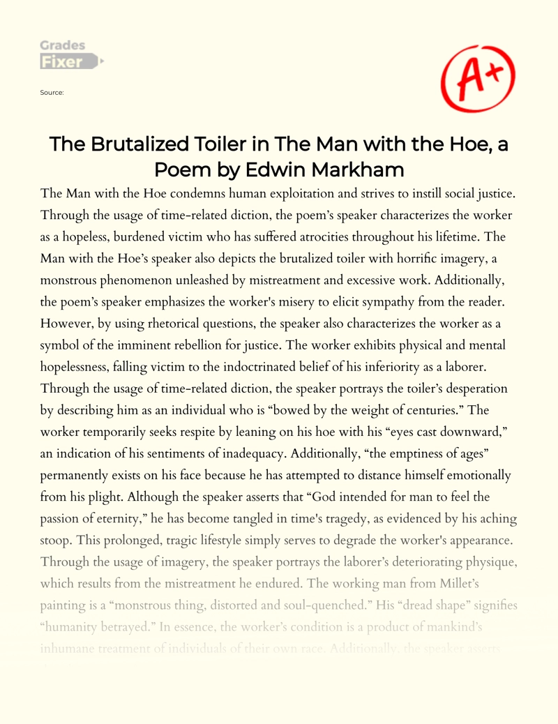 The Brutalized Toiler in The Man with The Hoe, a Poem by Edwin Markham essay