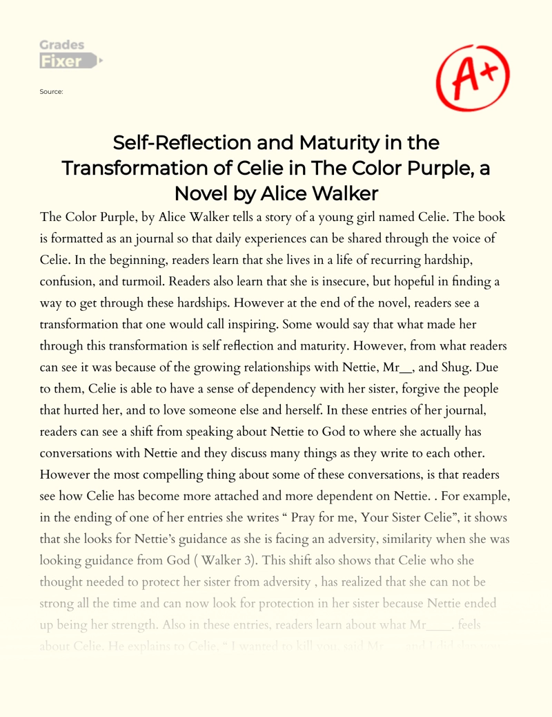 Celie's Transformation in Alice Walker's "The Color Purple" Essay
