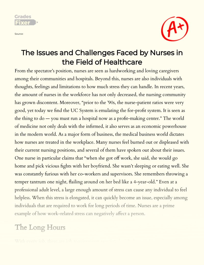 The Issues and Challenges Faced by Nurses in The Field of Healthcare essay