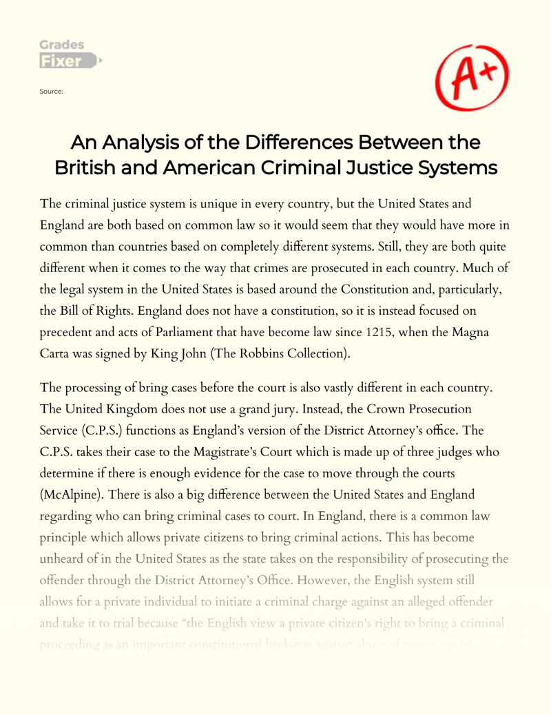 An Analysis of The Differences Between The British and American Criminal Justice Systems Essay