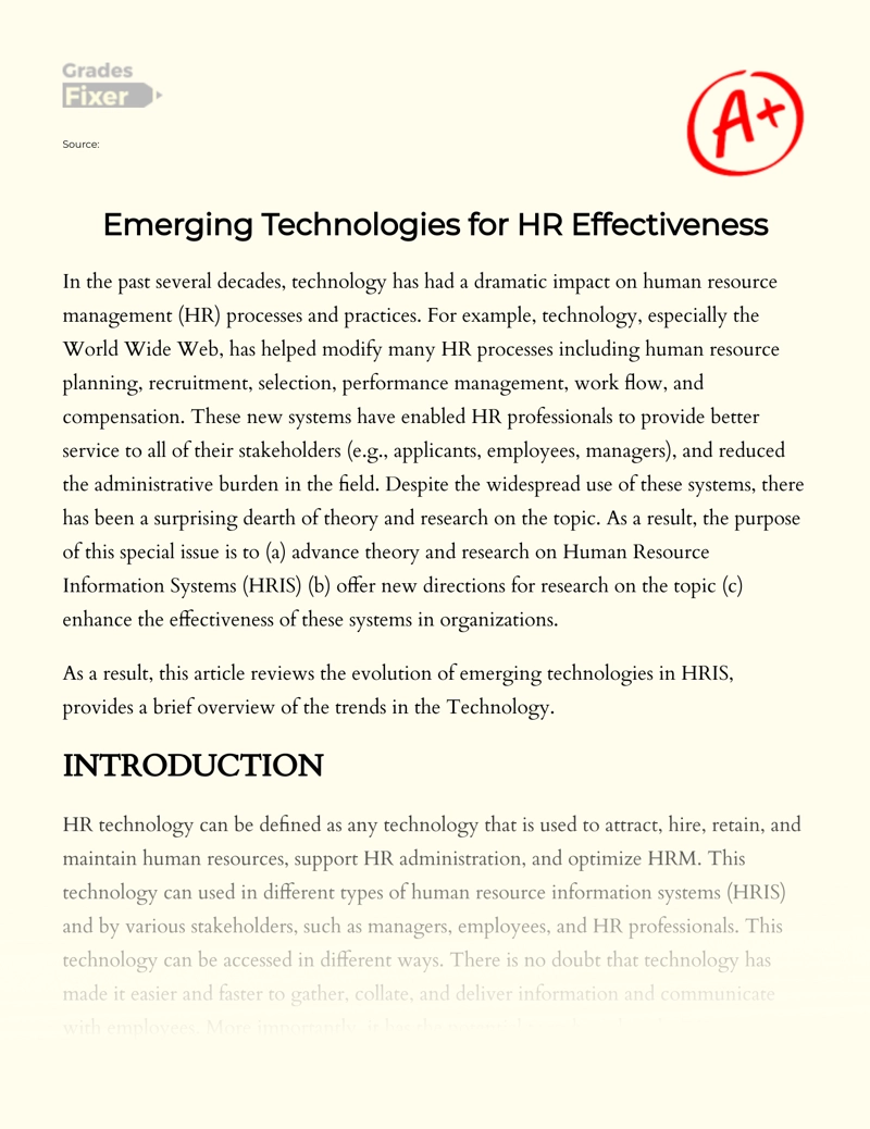 Emerging Technologies for Hr Effectiveness Essay