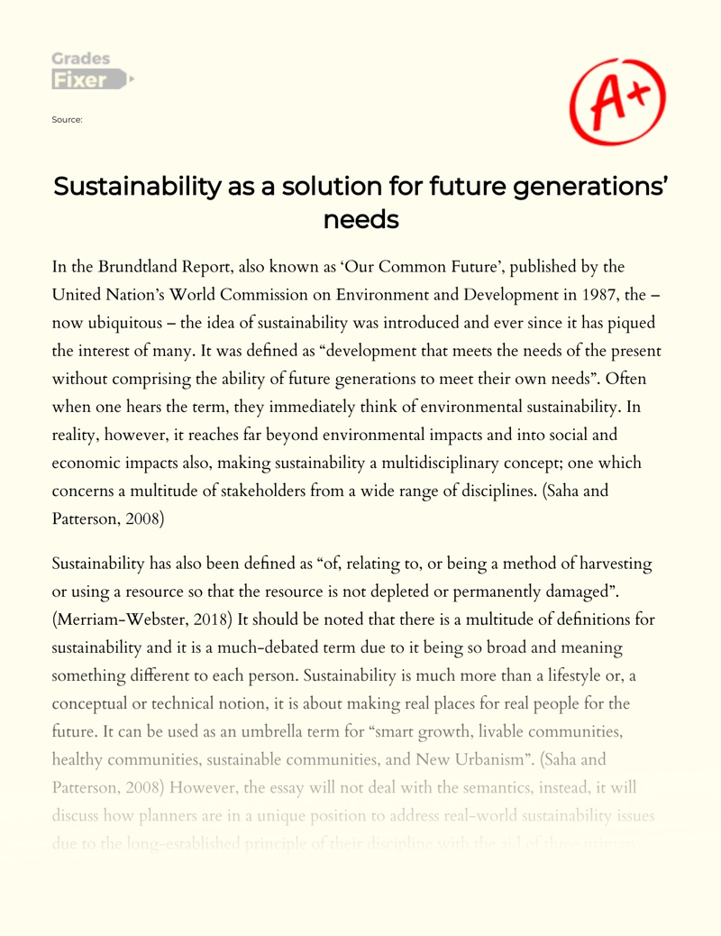 Sustainability as a Solution for Future Generations’ Needs essay