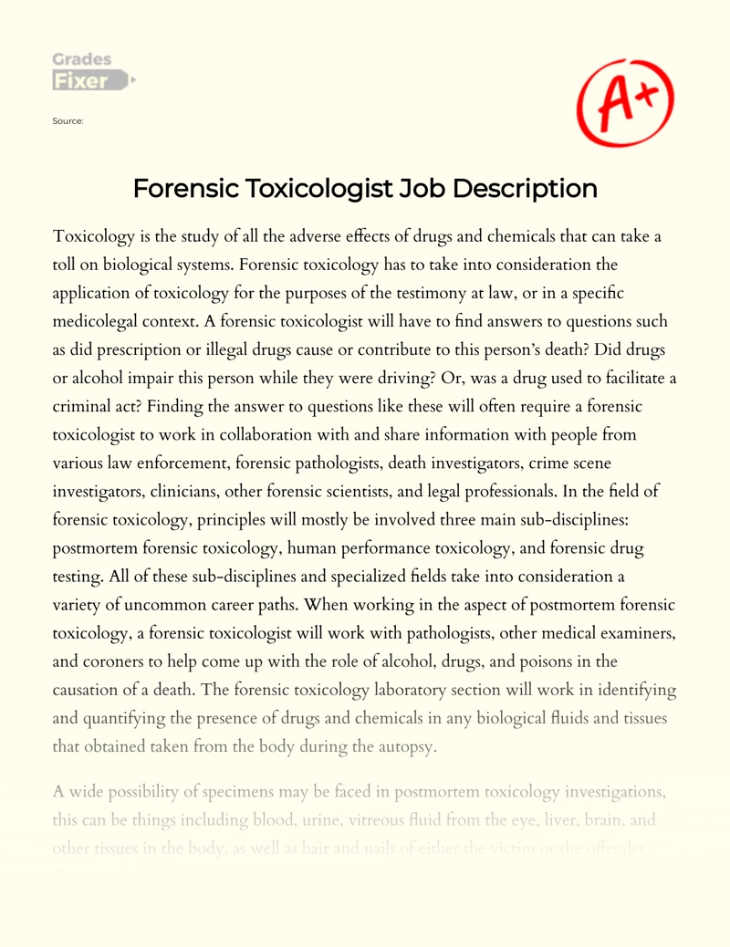 Forensic Toxicologist Job Description Essay
