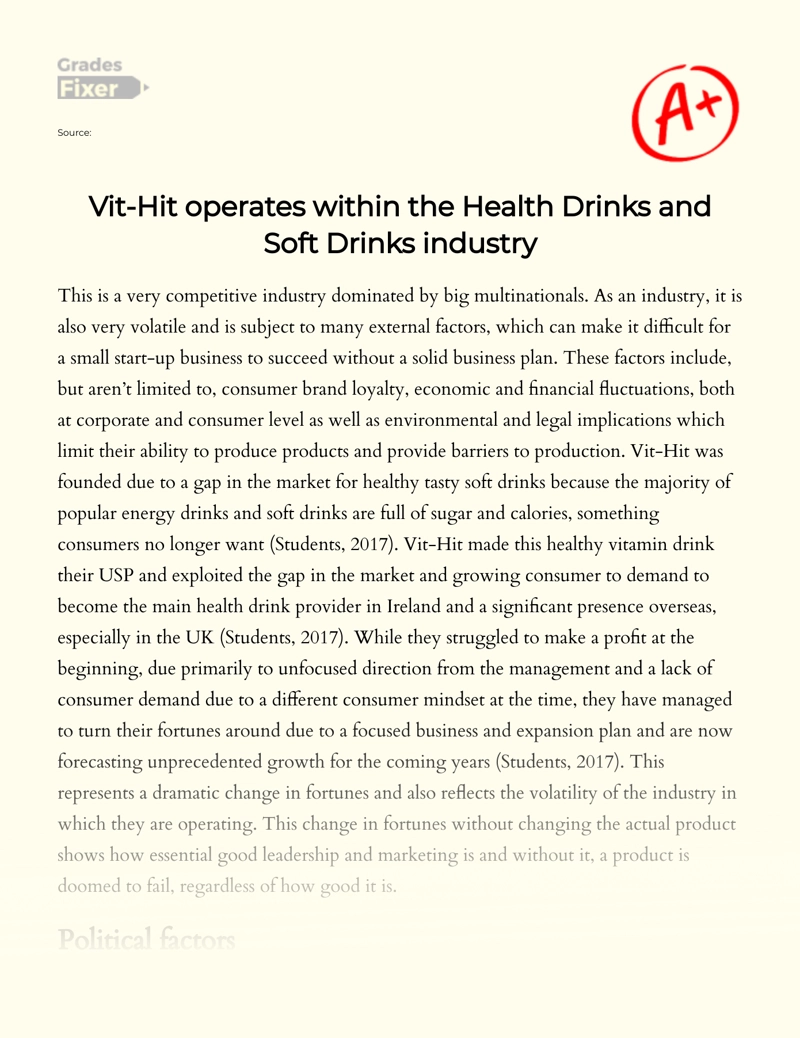 Vit-hit Operates Within The Health Drinks and Soft Drinks Industry essay